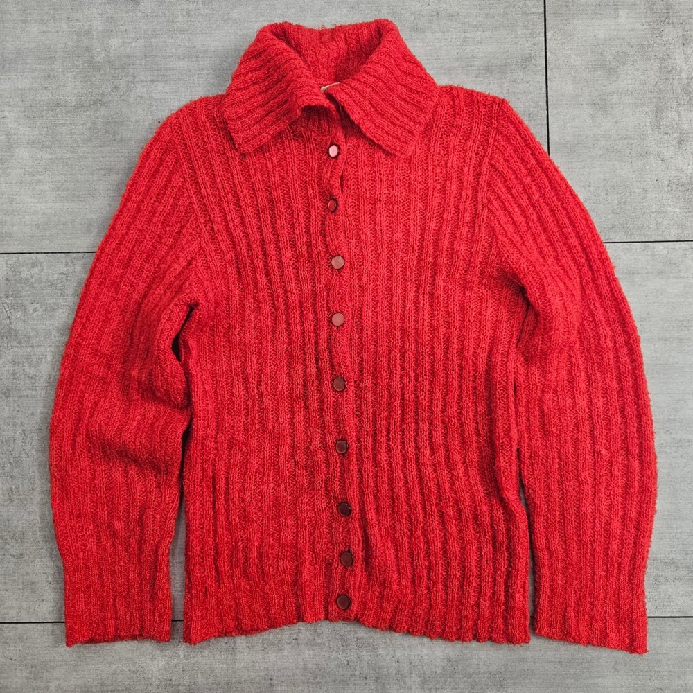 Vintage 50s Designer's Original Red Mohair Wool Knit Button Cardigan Sweater